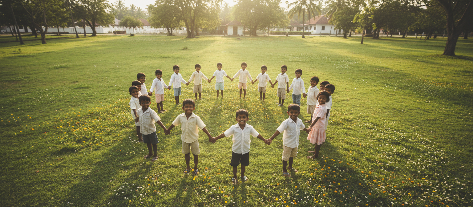 Children holding hands in a circle outdoors
