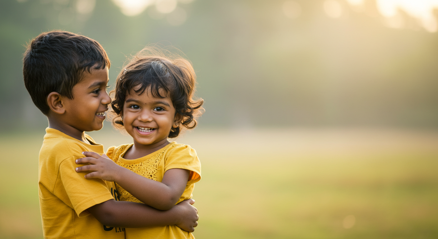 Two children hugging and smiling outdoors