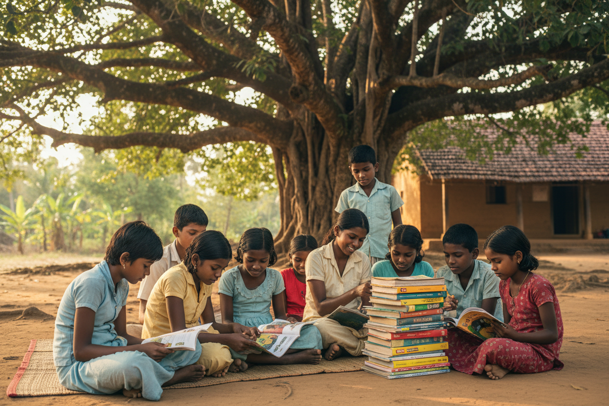 Children reading together under a tree